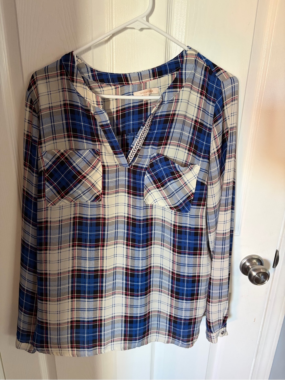Skies Are Blue Blue and Cream Plaid Long-Sleeve Tunic